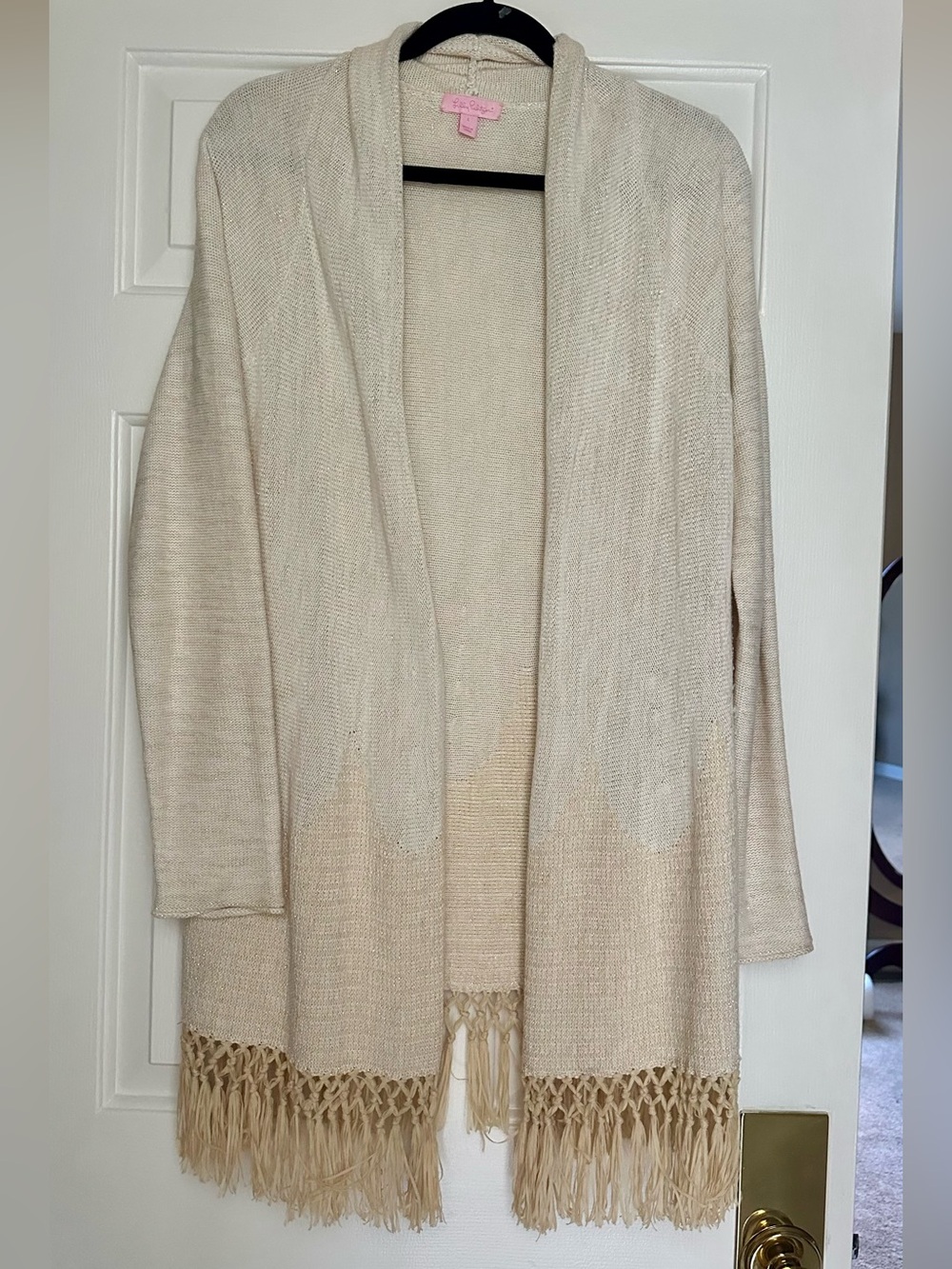 Lilly Pulitzer Cream Open-Front Fringe Cardigan